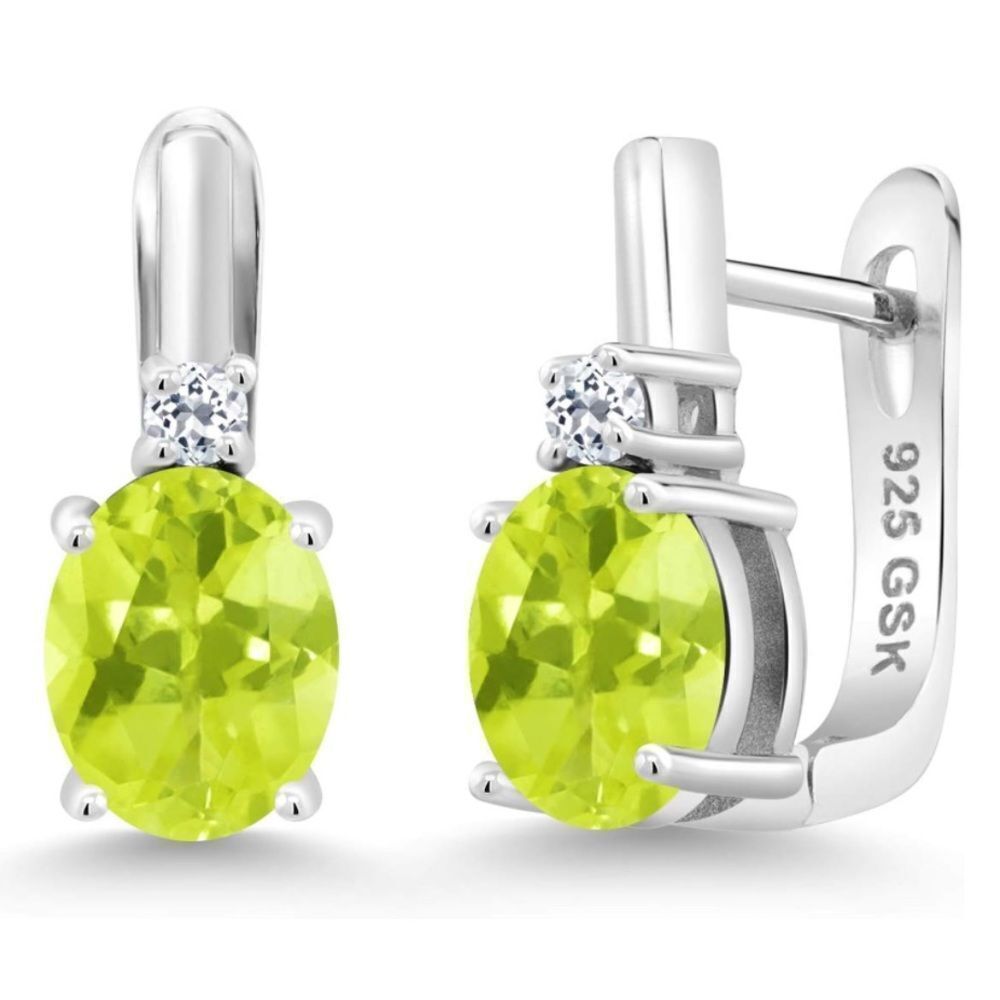 925 Sterling Silver with 3.46 Cttw Lemon Quartz and White Topaz Oval Earrings